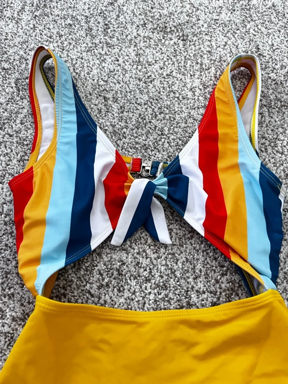 Colorblock One Piece Swimsuit Small Cutout Tie Front Yellow Striped Retro